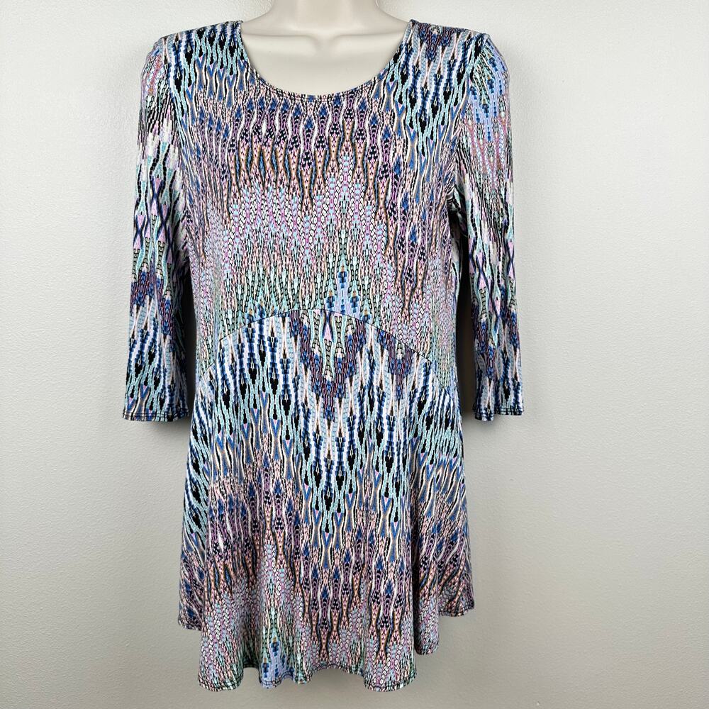 Salaam Knit Tunic Top Blouse 3/4 Sleeve Abstract Print Pink Purple M USA Artsy